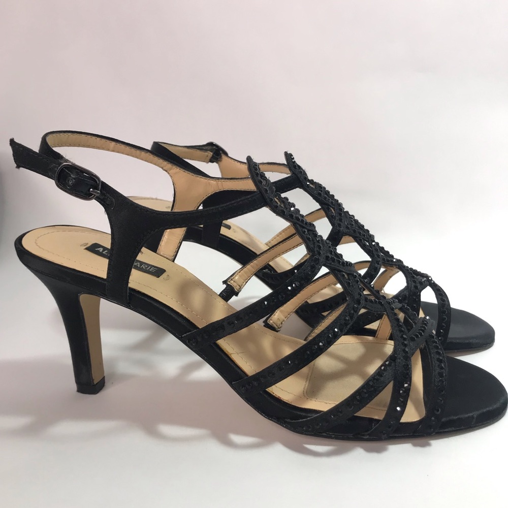 Alex Marie Giani Black Satin and Rhinestone Studded Strappy Sandals - Picture 2 of 16